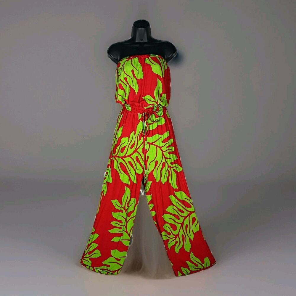 Hula Bay Jumpsuit Womens Medium Red Green Strapless Wide Leg Tropical Leaf Tiki